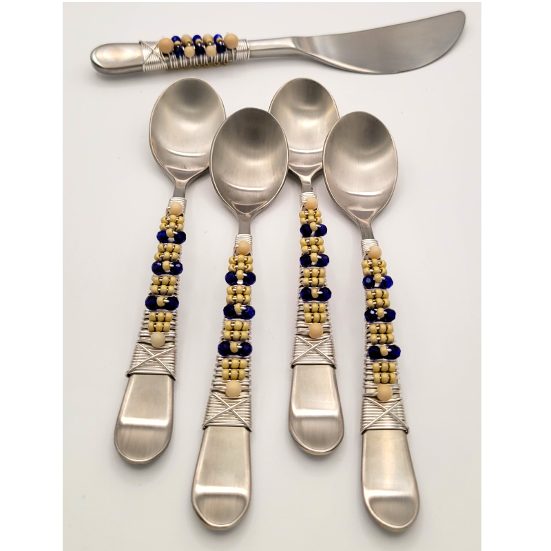 Blue Cobalt Crystal w/ Fossil Stone Demitasse Spoons and Butter Knife Main Image